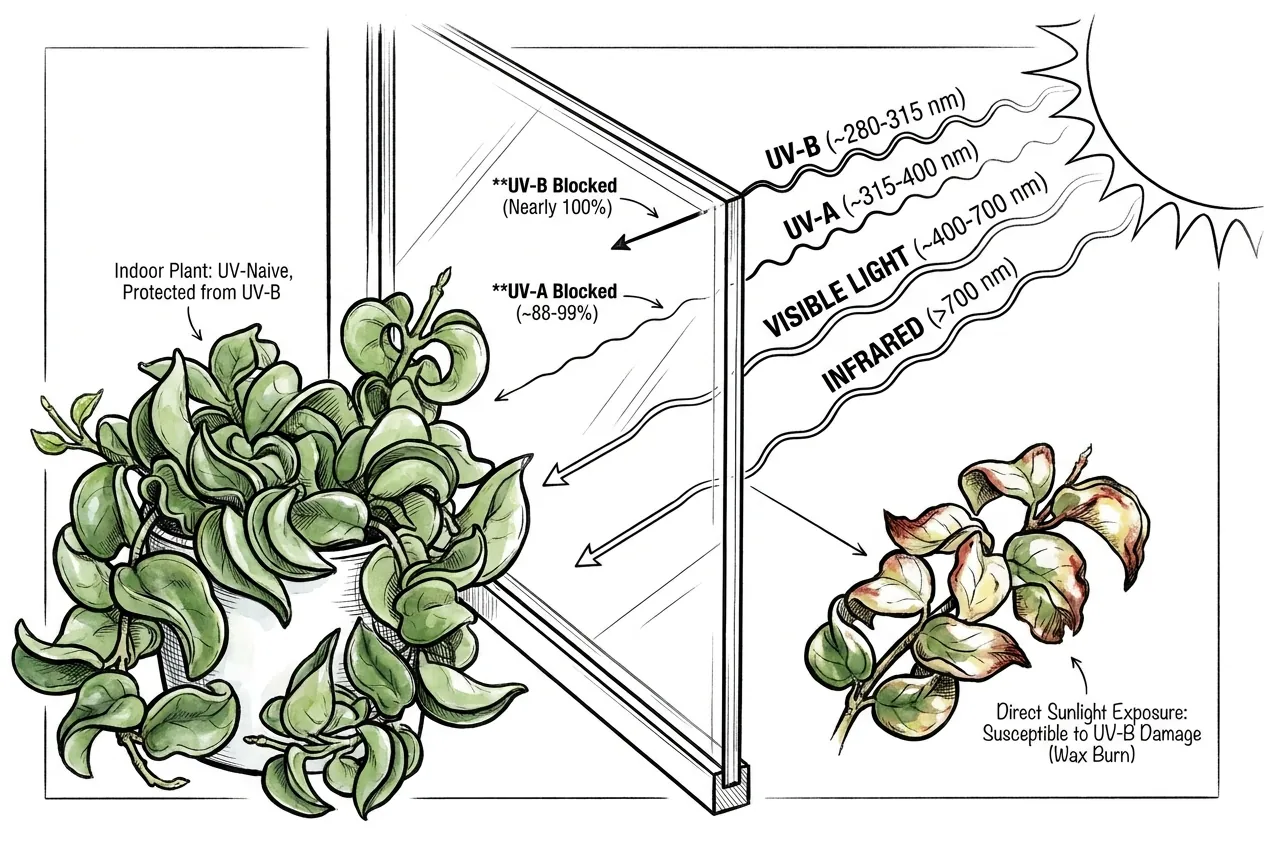 Window glass blocking UV-B rays while visible light passes through