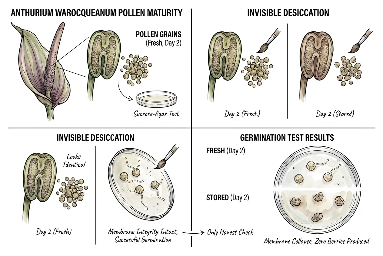 Botanical illustration of cream-yellow Anthurium pollen on a sucrose-agar germination slide showing emerging pollen tubes