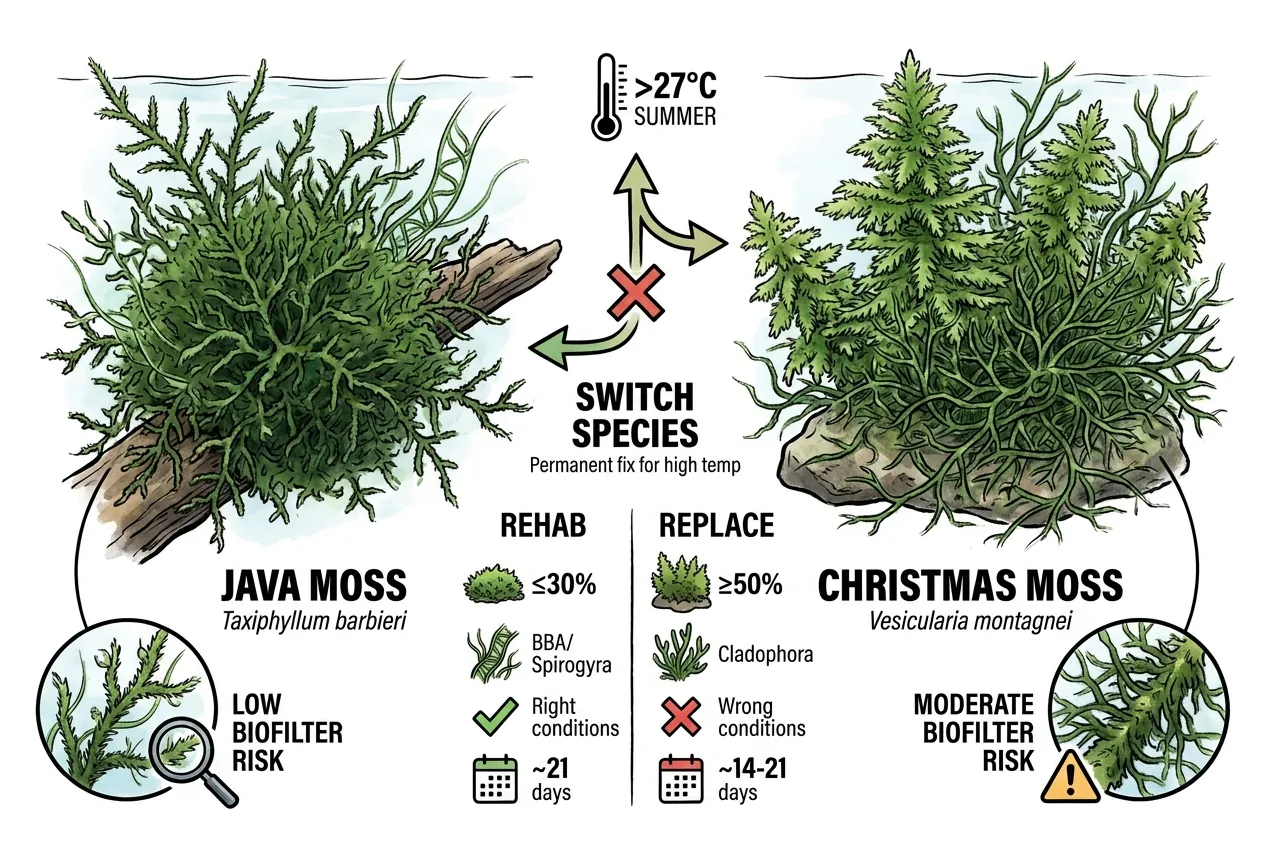 Hands swapping Christmas moss carpet for Java moss carpet on driftwood