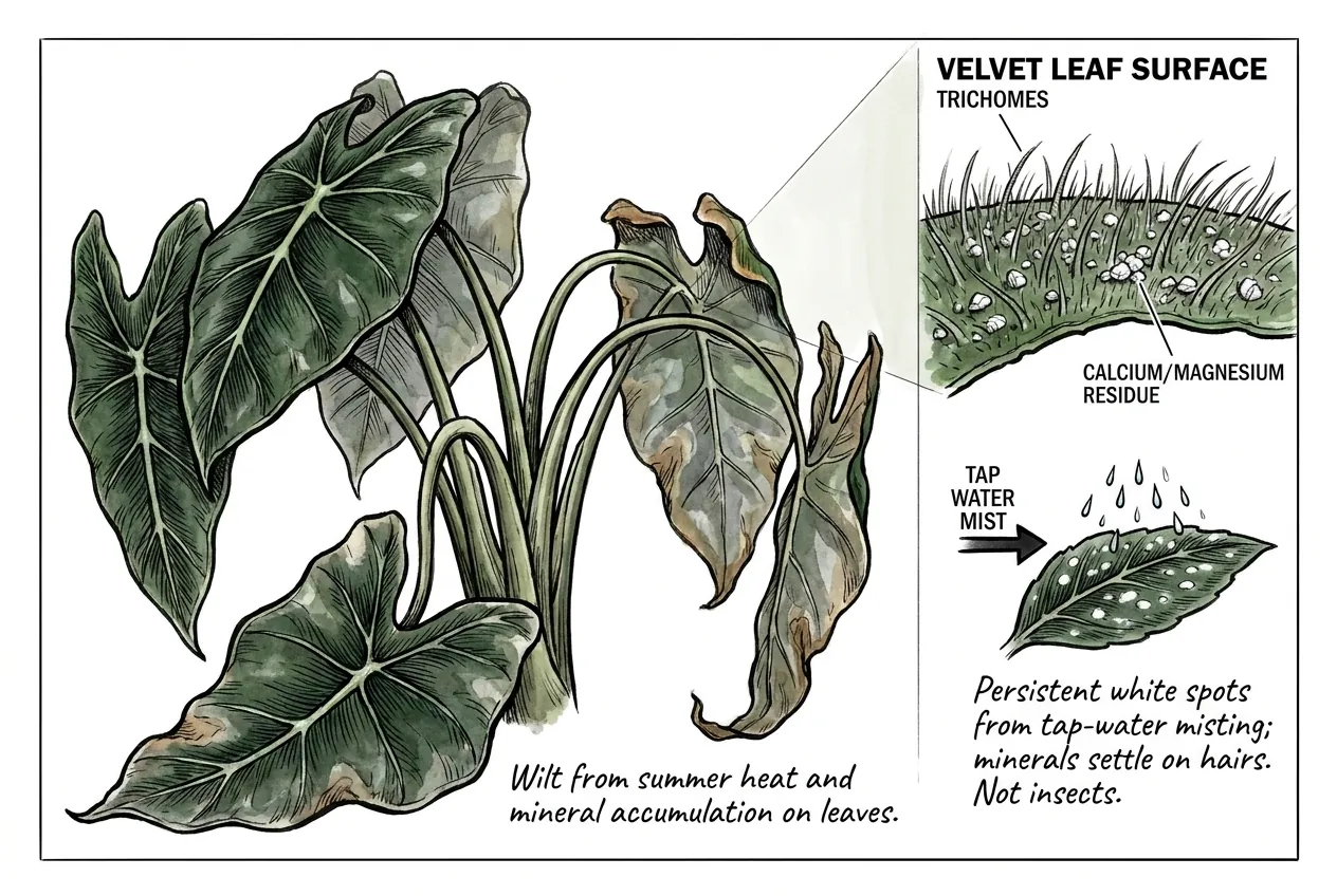 Calcium and magnesium mineral deposits trapped in velvet trichome layer