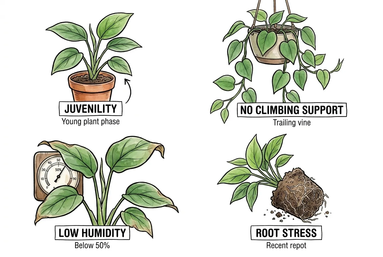 Five causes of unsplit leaves shown as labeled diagnostic icons