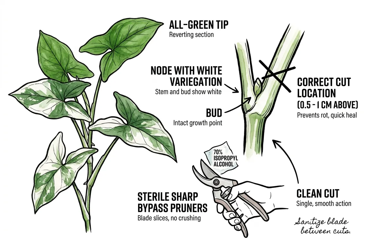 Pruning cut just above a variegated node on a Syngonium stem