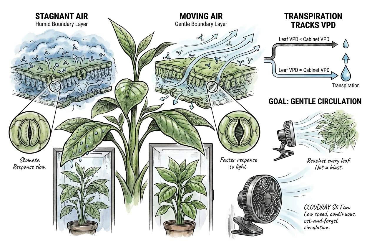 Airflow thinning the still boundary-layer film around a leaf surface