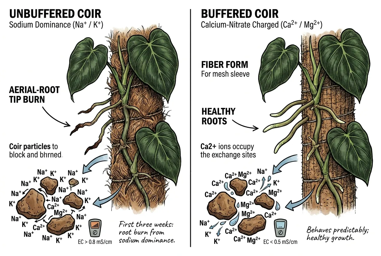 Coco coir cation exchange sites trading sodium for calcium and magnesium