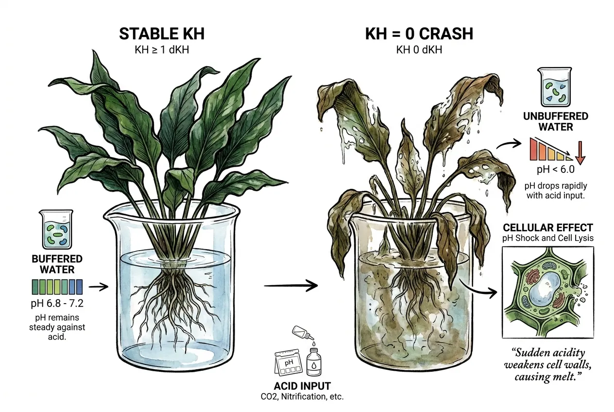 pH dropping sharply at zero KH versus stable pH at four dKH