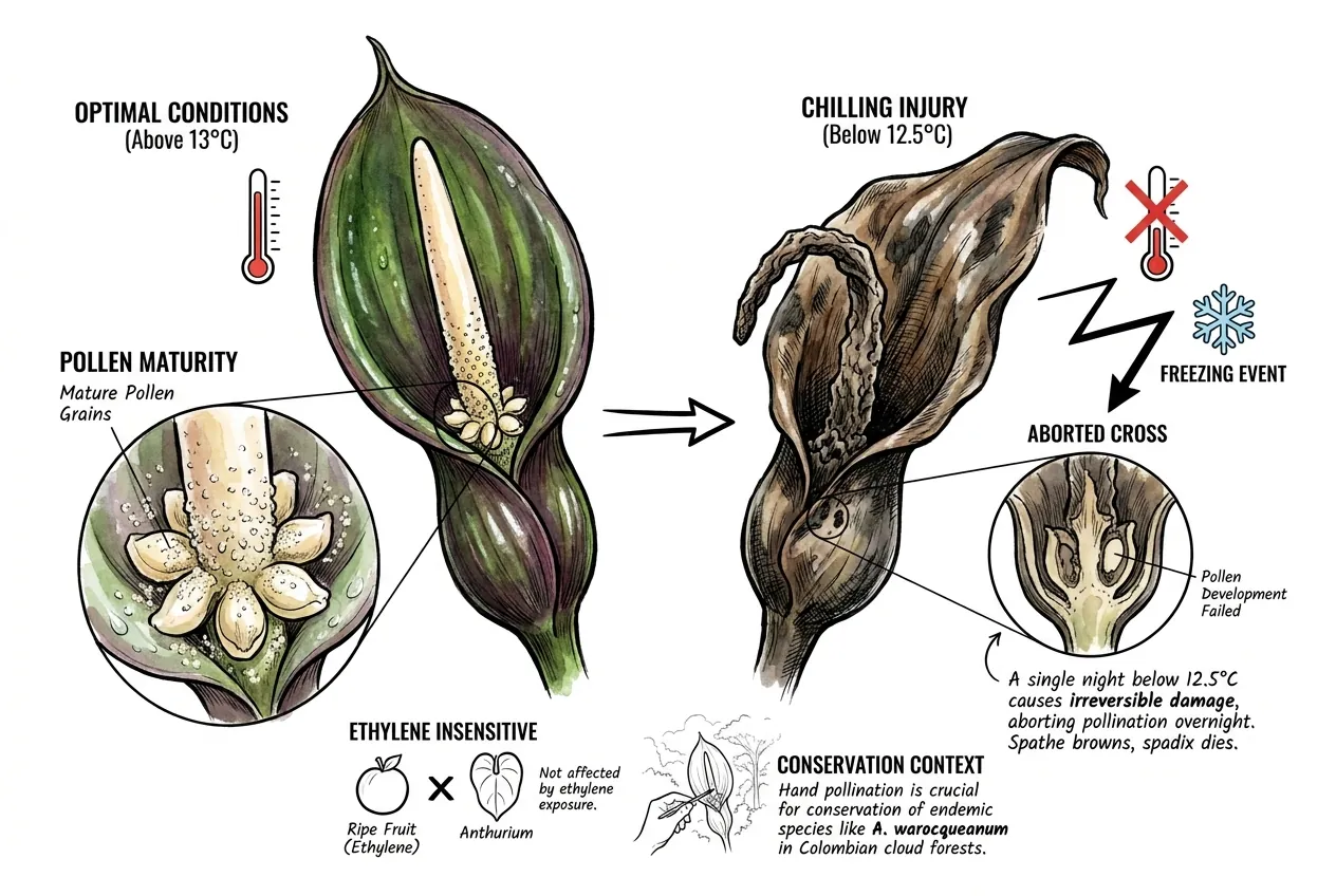 Botanical illustration of an Anthurium warocqueanum spathe with marginal browning and purpling from chilling injury below 13 degrees Celsius