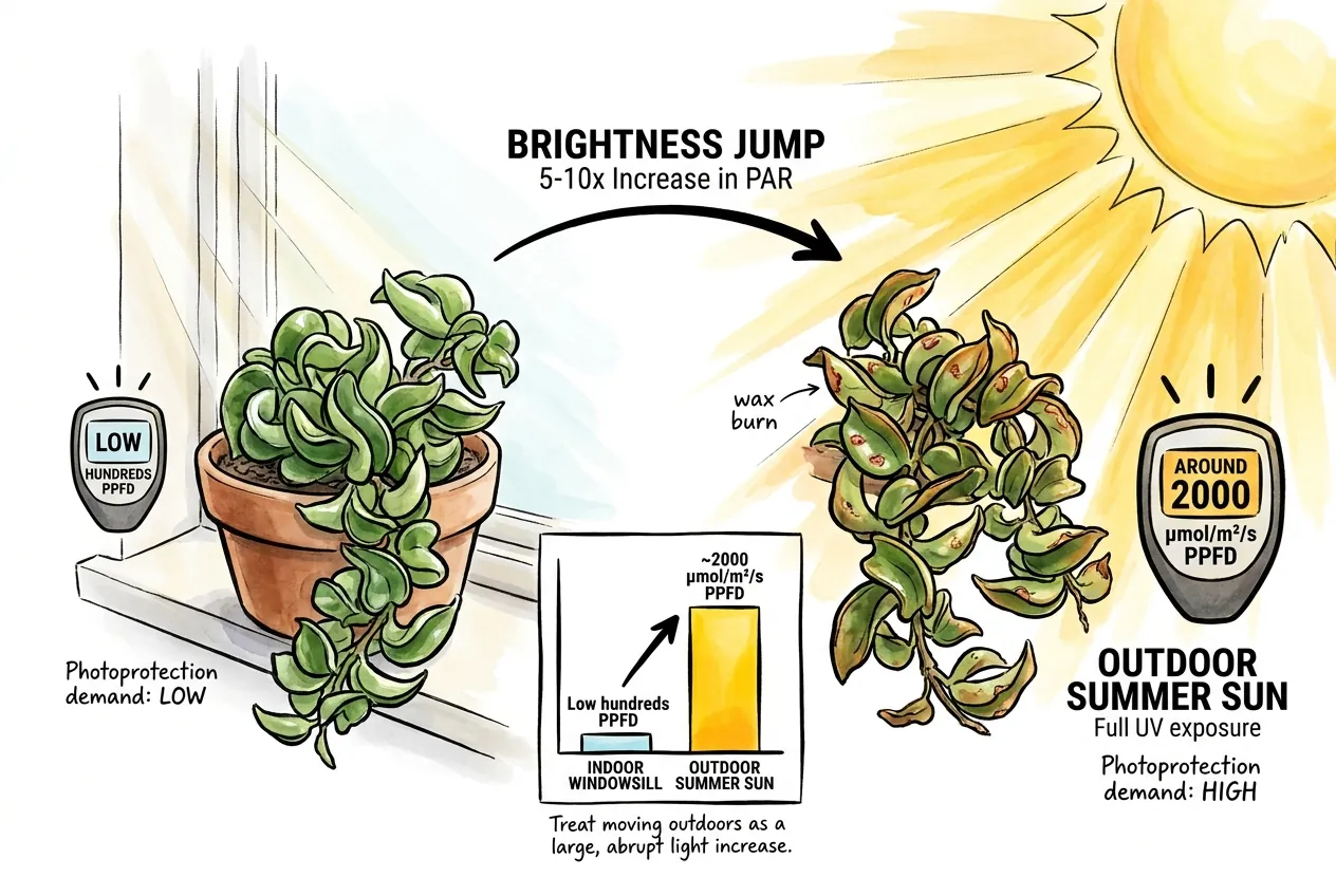 Dim windowsill light versus intense outdoor summer sun intensity
