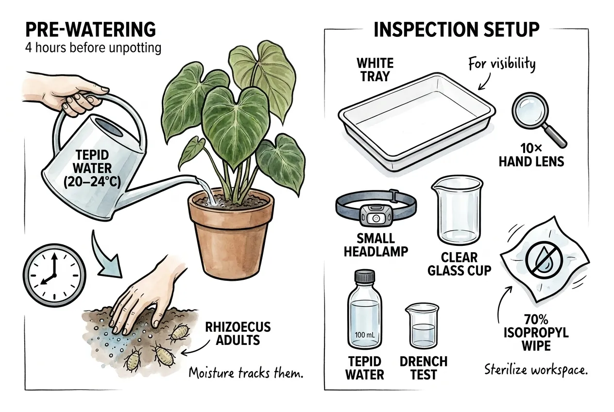 Inspection workspace with white tray, hand lens, headlamp, and isopropyl wipes.