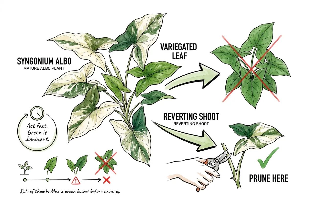 Stem with two green leaves marking the prune-now threshold