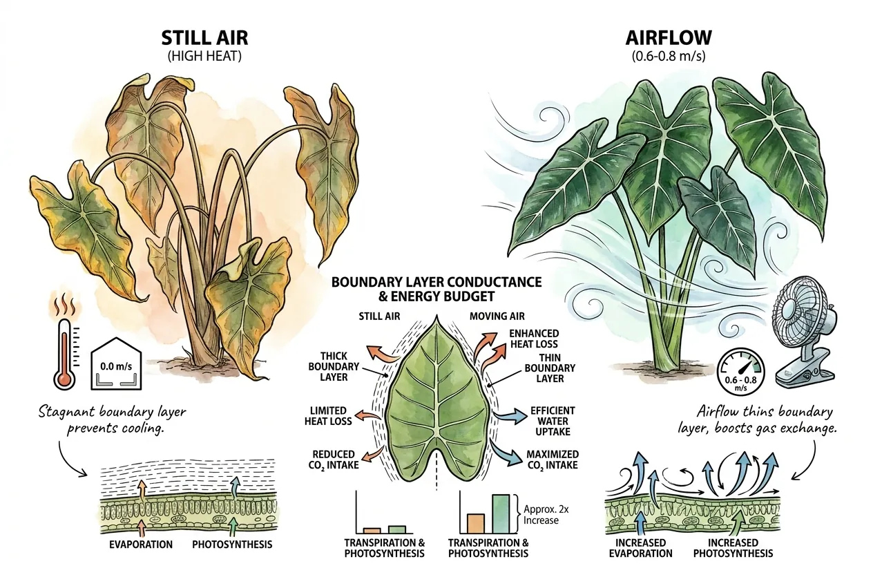 Airflow over leaf surface thinning boundary layer to restore transpiration