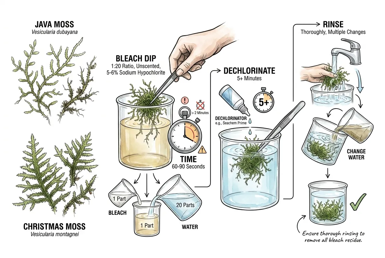 Moss soaking in diluted bleach solution with stopwatch and rinse bowl