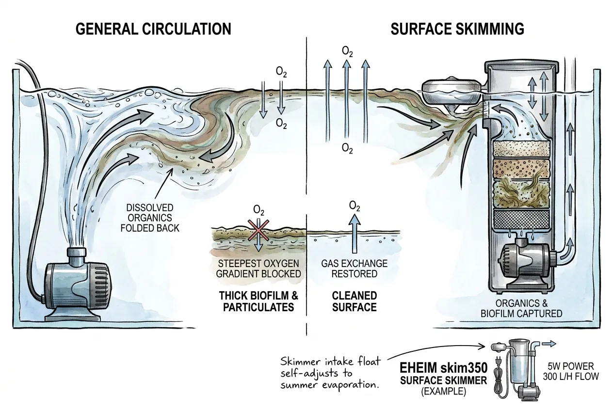 Surface skimmer removing aquarium surface film versus flow folding it back in
