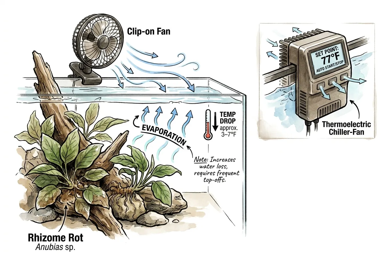 Clip-on fan blowing across tank surface to evaporate and cool water