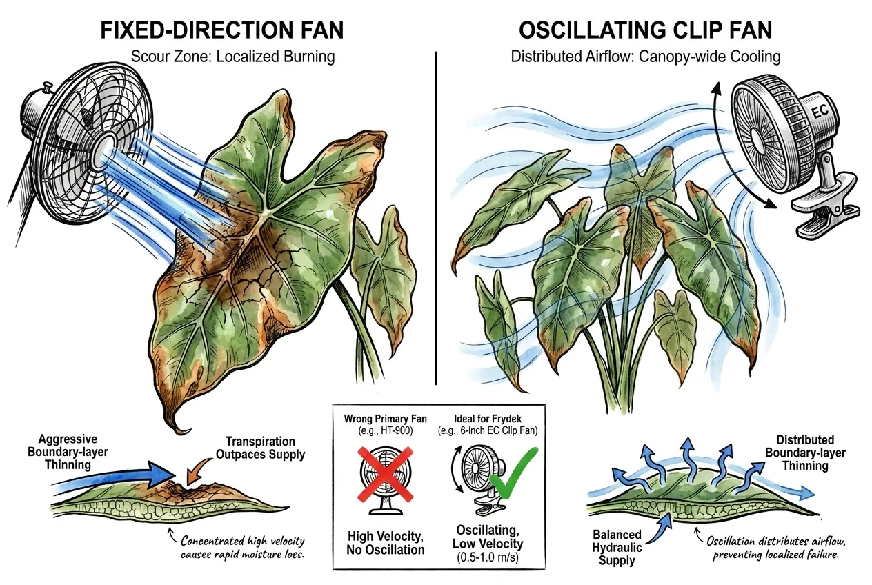 Oscillating clip fan distributing airflow across plant canopy versus fixed scour zone