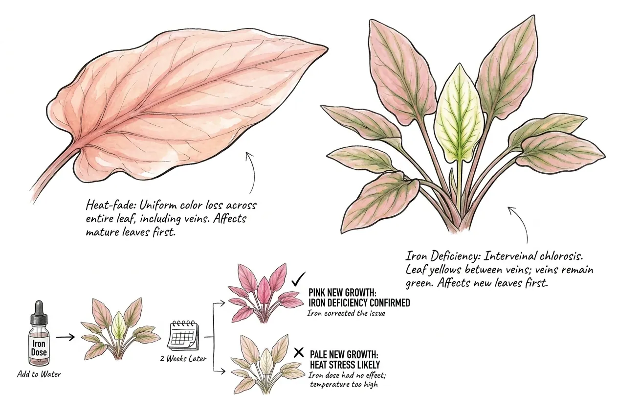 Interveinal chlorosis on iron-deficient Cryptocoryne leaf versus even fade from heat