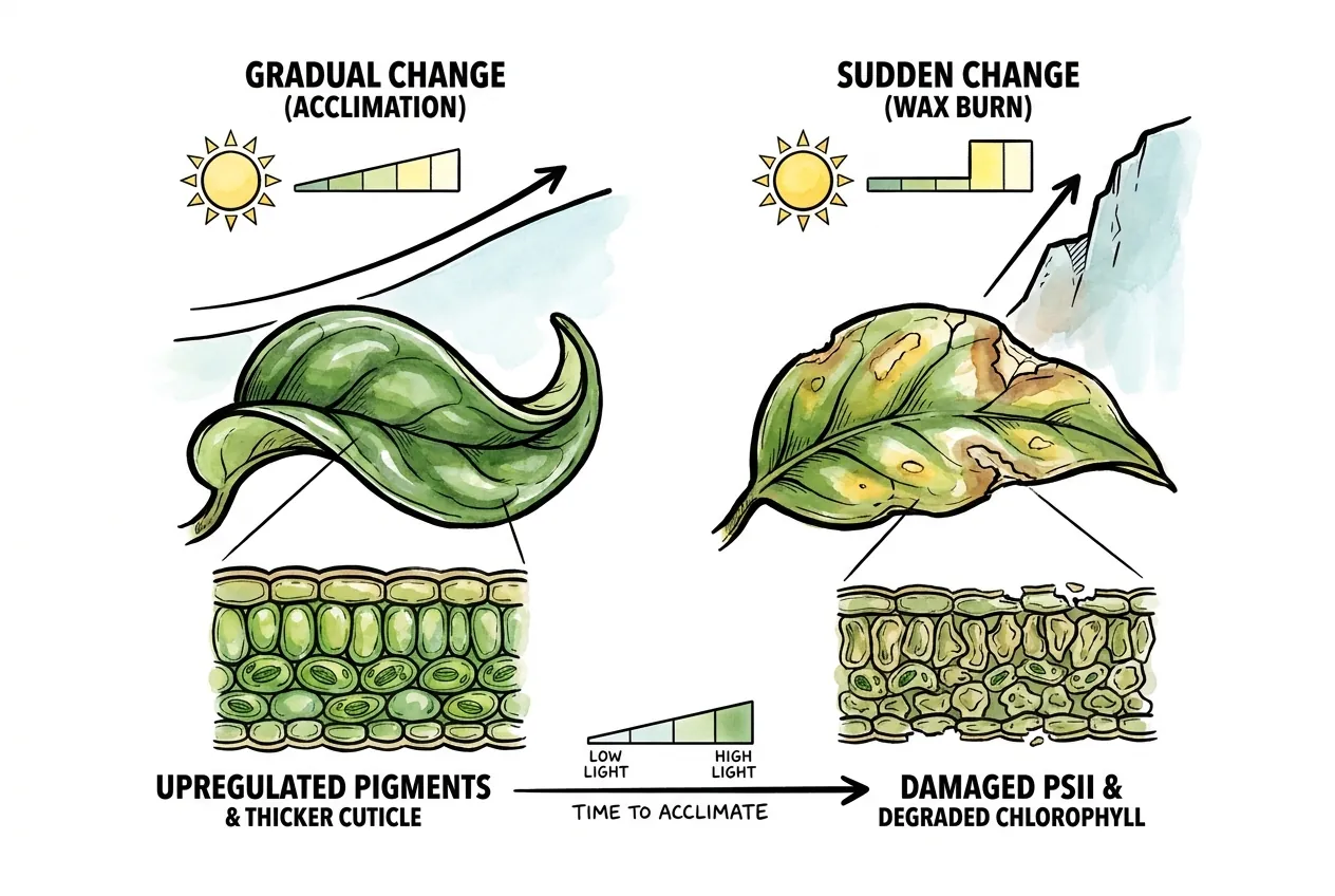 Plant moving abruptly from shade into bright sun and scorching