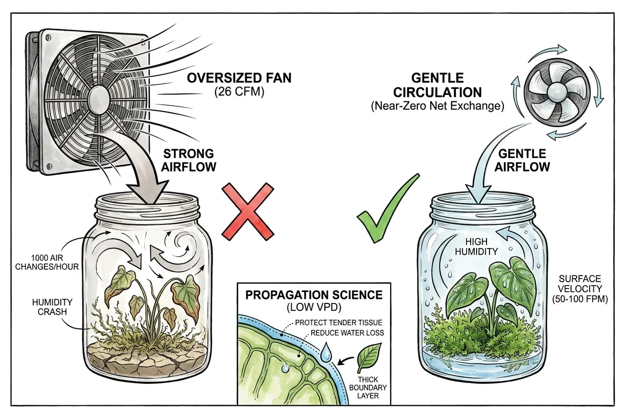 Oversized fan crashing jar humidity vs gentle low-exchange circulation keeping it high