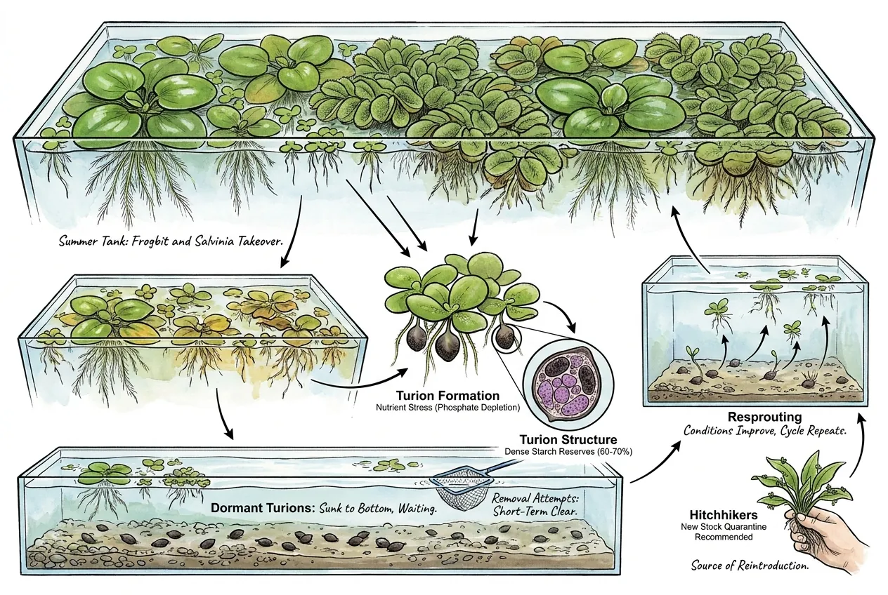 Duckweed turion sinking, overwintering, then resprouting to the surface