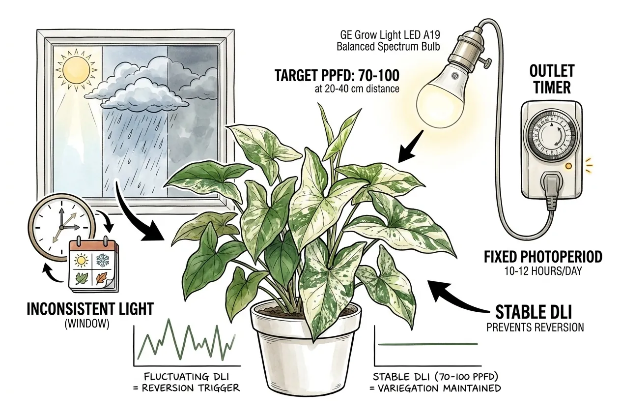 Grow light on a timer holding steady daily light over a Syngonium