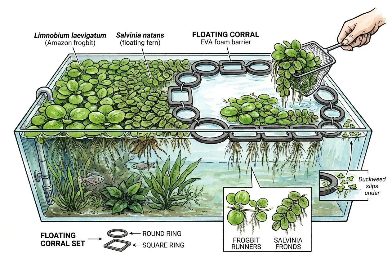 Floating corral ring confining frogbit to one area of the surface