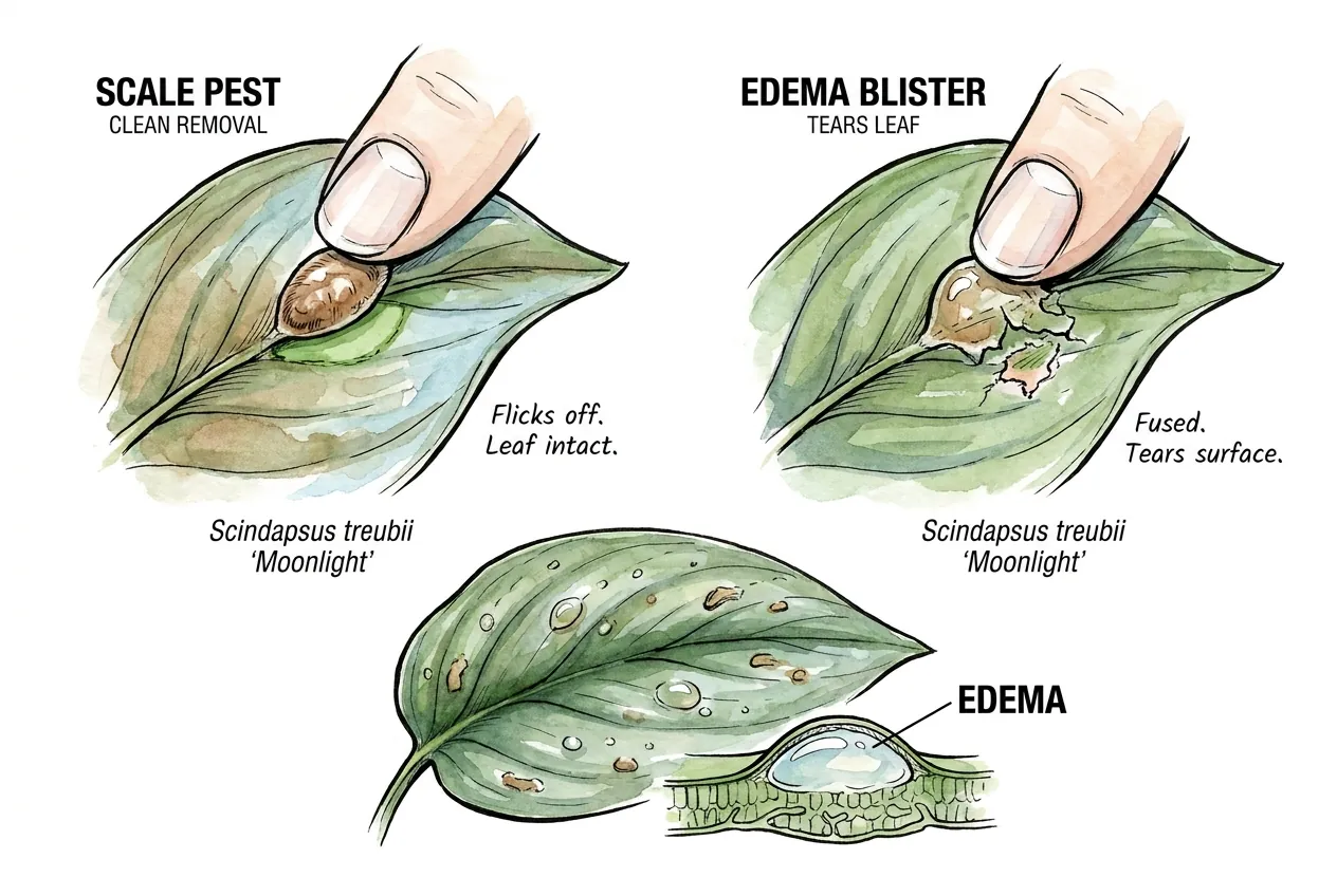 Fingernail scrape test showing edema bump fused to the leaf