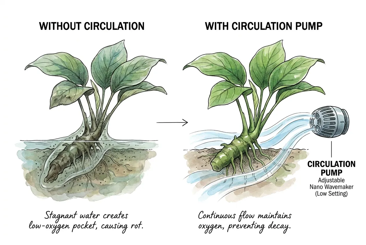 Circulation pump sweeping oxygenated flow across an Anubias rhizome