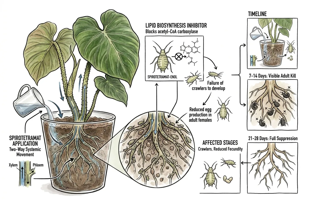 Spirotetramat moving two-way through plant xylem and phloem after root drench.
