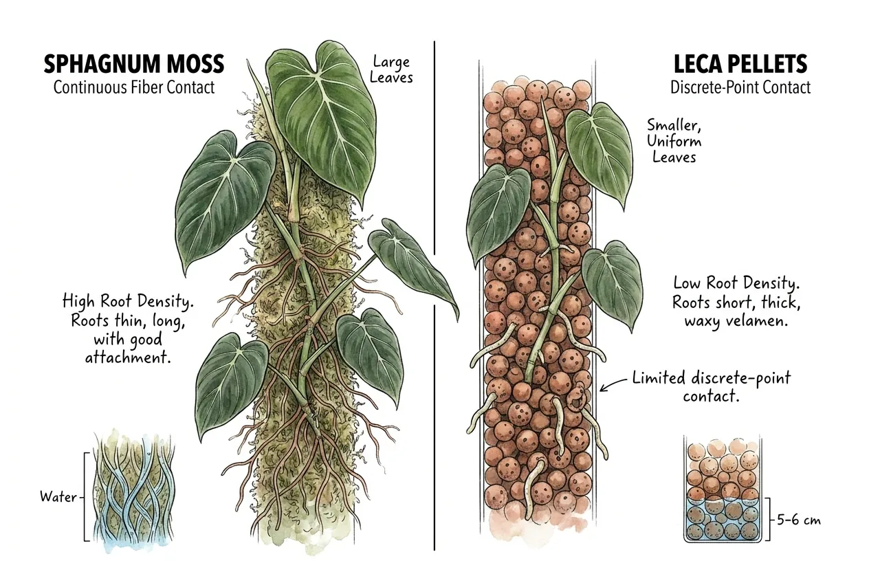 Aerial roots attaching to spherical LECA pellets at discrete contact points