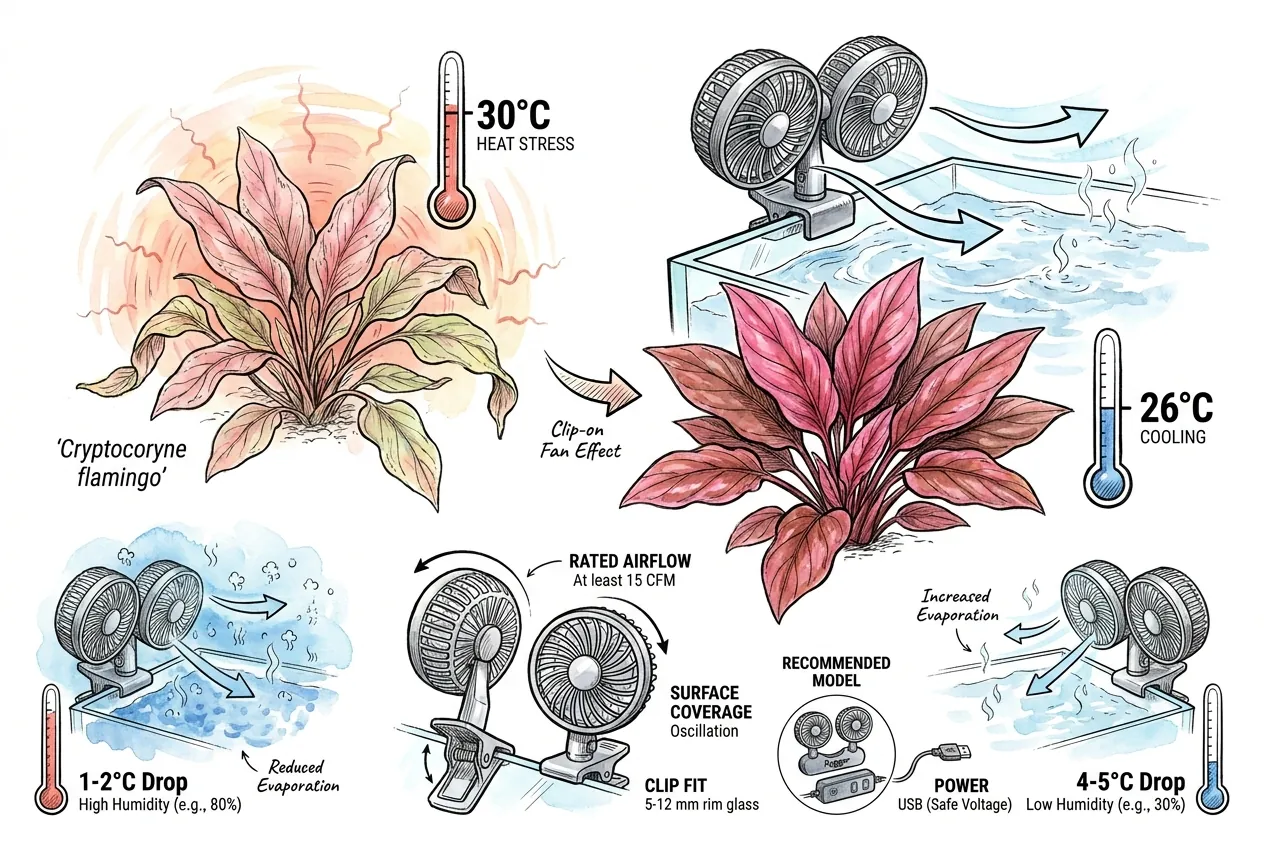 Clip-on aquarium fan blowing across open tank surface to cool water