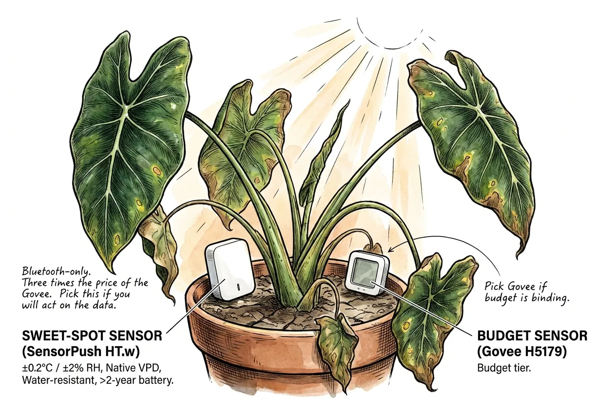 Thermohygrometer at plant canopy displaying temperature humidity and VPD readings