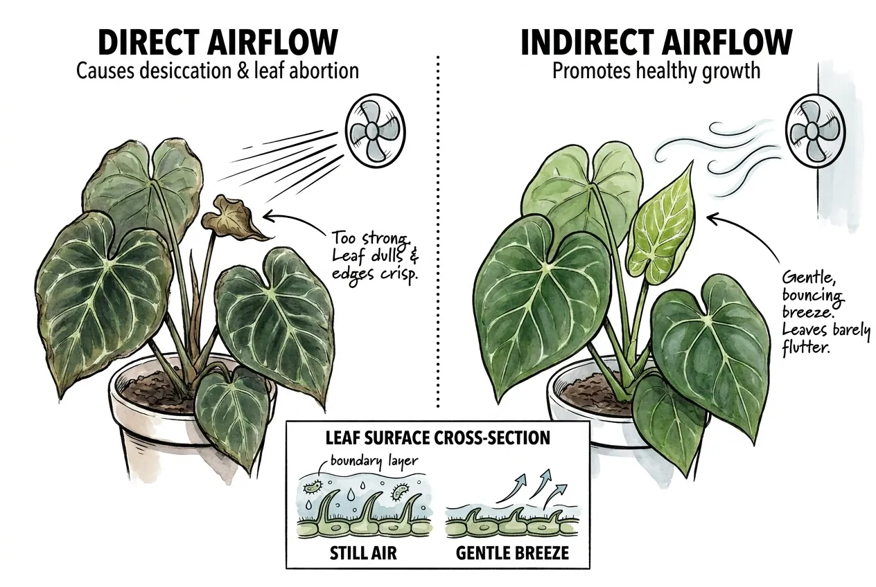 Gentle indirect airflow grazing velvet clarinervium leaves so they barely flutter in a cabinet