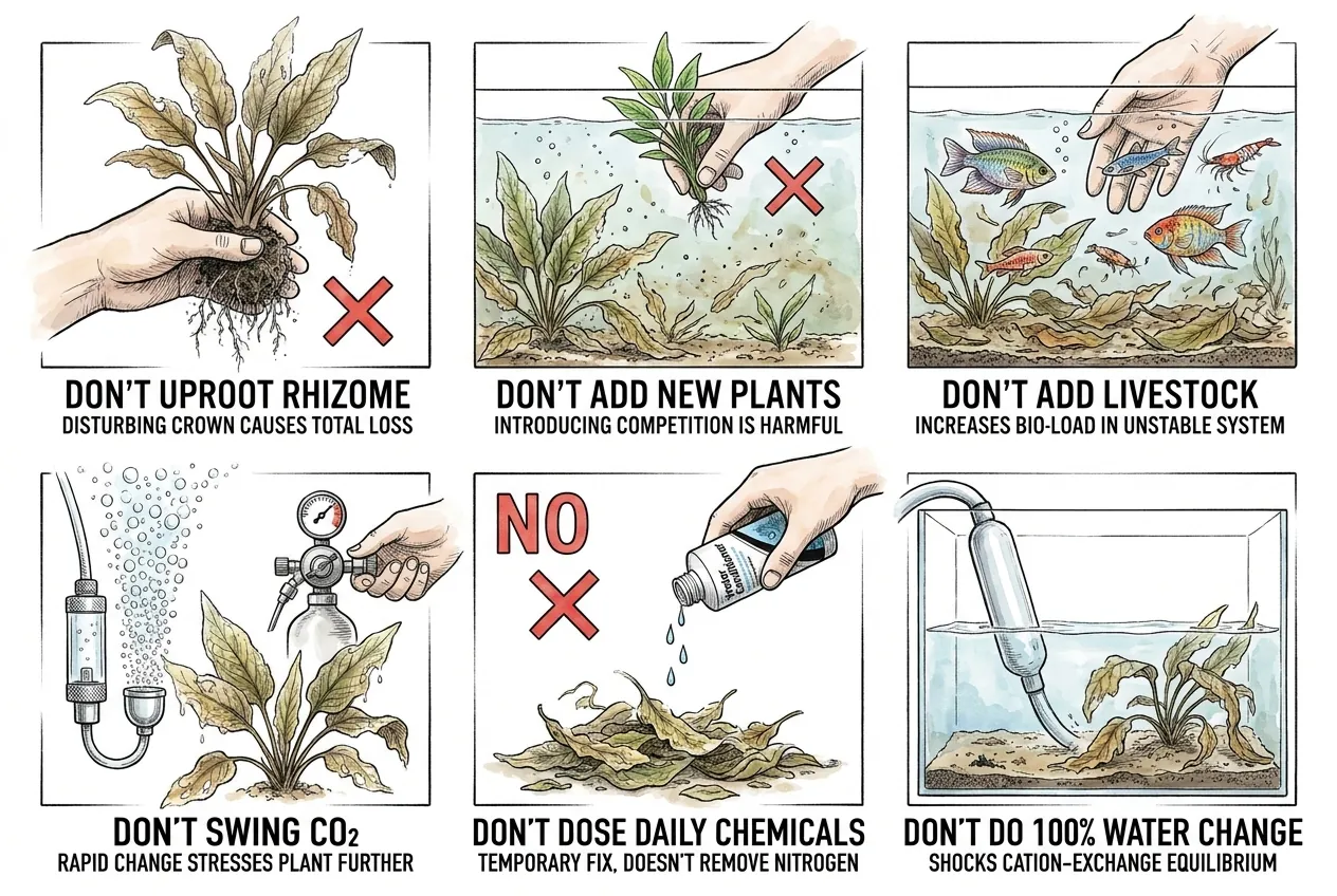 Warning icons against uprooting plants adding livestock and one-hundred-percent water changes
