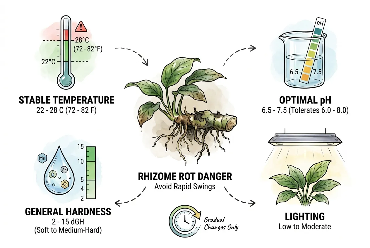 Anubias barteri target gauges for temperature, pH, and hardness