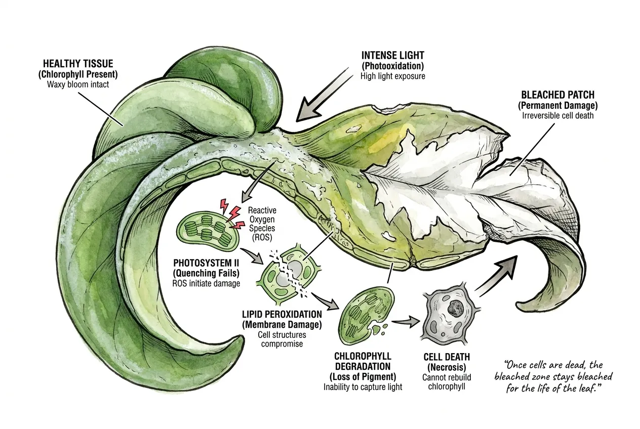 Dead bleached leaf cells beside living green chlorophyll-filled cells