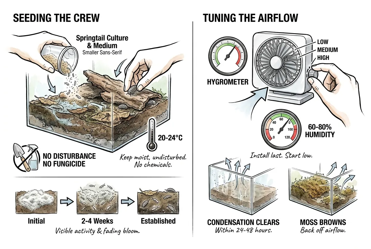 Sprinkling springtail culture onto substrate, then tuning fan against the hygrometer