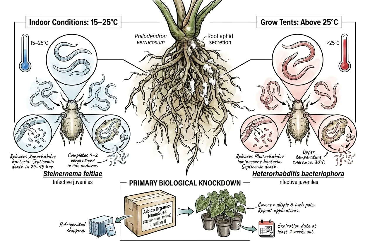 Steinernema feltiae infective juveniles entering a soil mealybug host through spiracles.