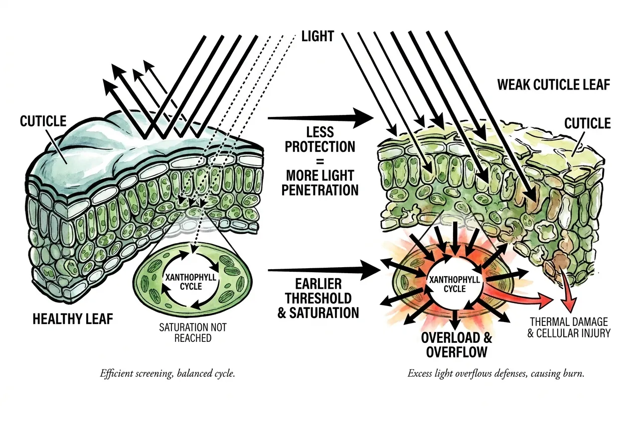 Thin cuticle letting excess light reach overloaded chloroplasts inside