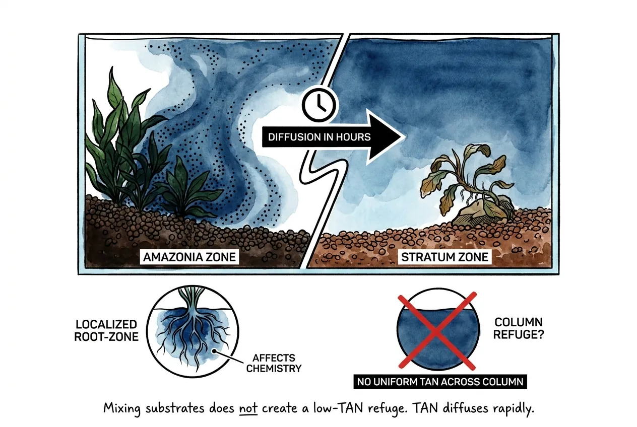 Mixed aquasoil and Stratum substrate zones with TAN diffusion arrows equalizing column.