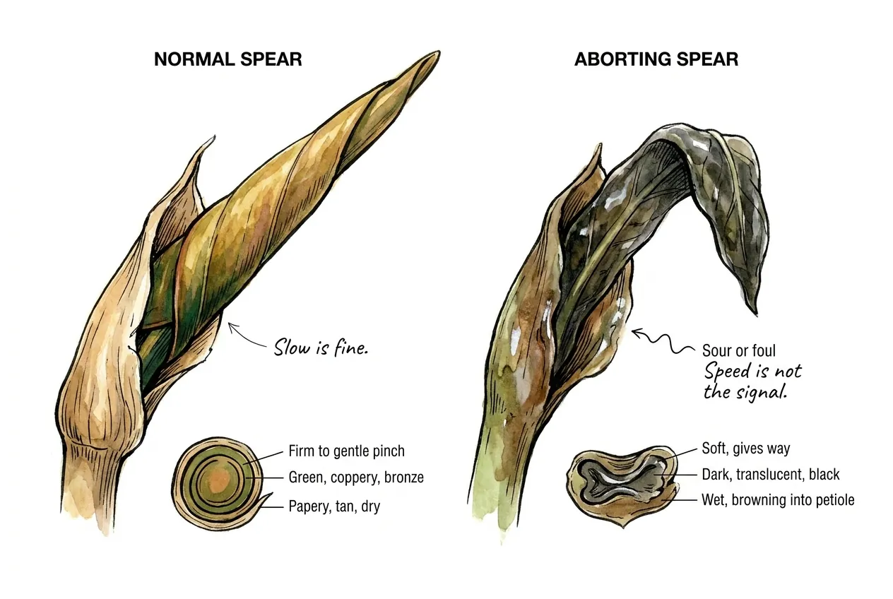 Firm tightly-rolled coppery clarinervium spear emerging and darkening to deep green over weeks