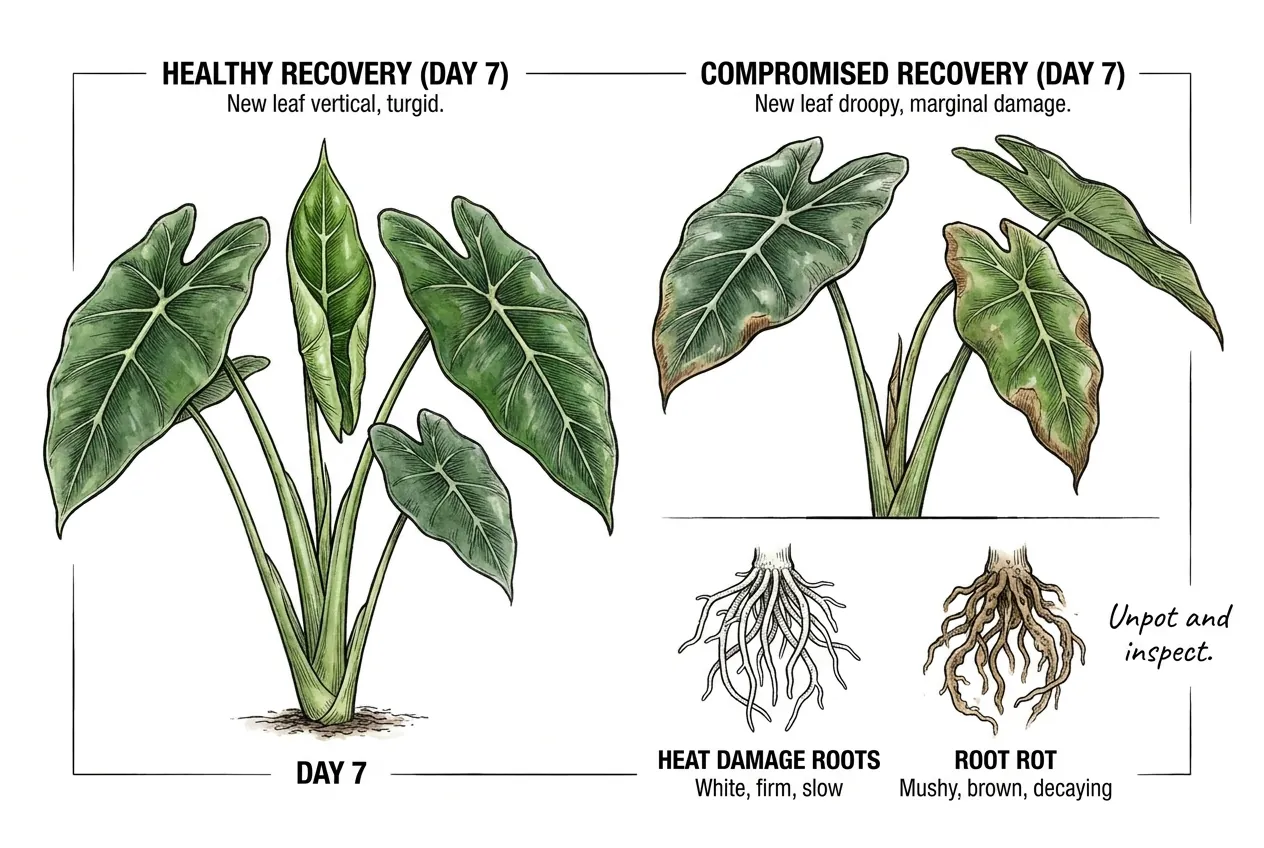 New Frydek leaf unfurling vertically as recovery indicator at day seven