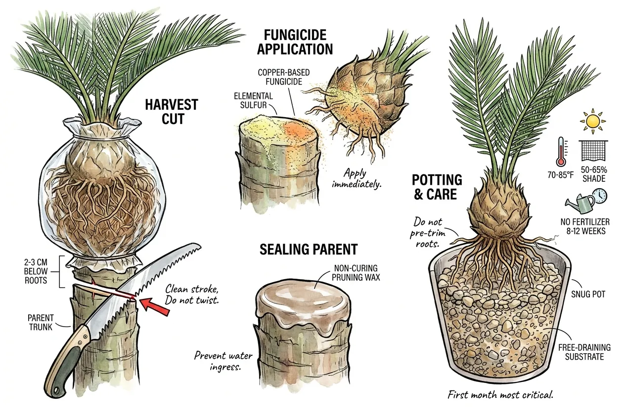 Pruning saw cutting a cycad trunk 2 to 3 cm below the lowest rooted zone