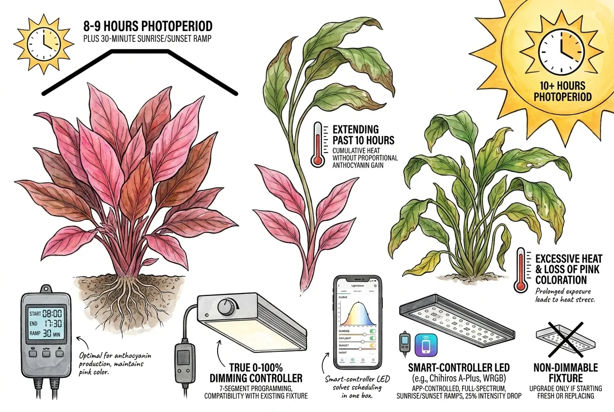 Aquarium light timer set to nine-hour photoperiod with sunrise ramp