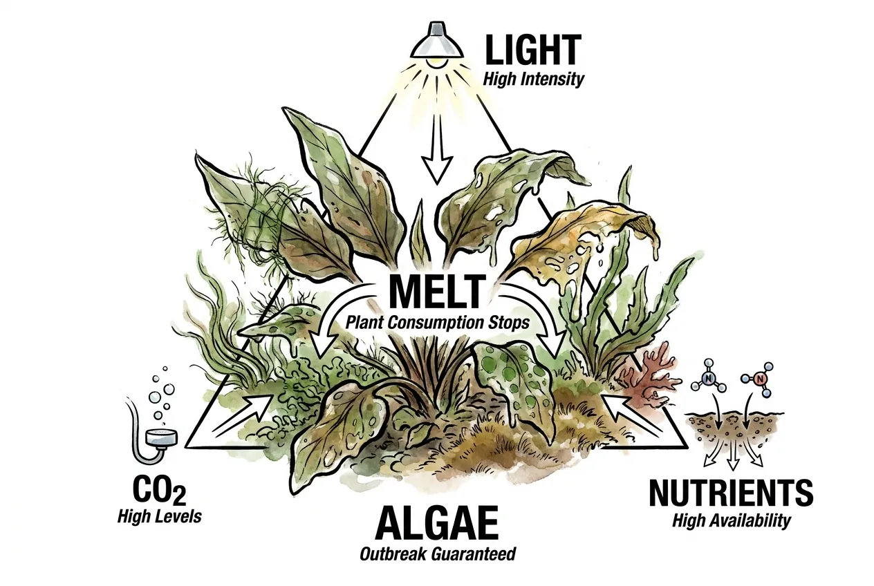Light CO2 and nutrient triangle showing algae winning when plants cannot consume