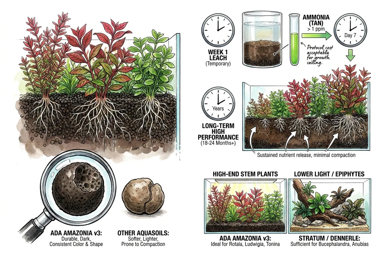 ADA Amazonia v3 granules supporting Rotala and Ludwigia stem plants in mature scape.