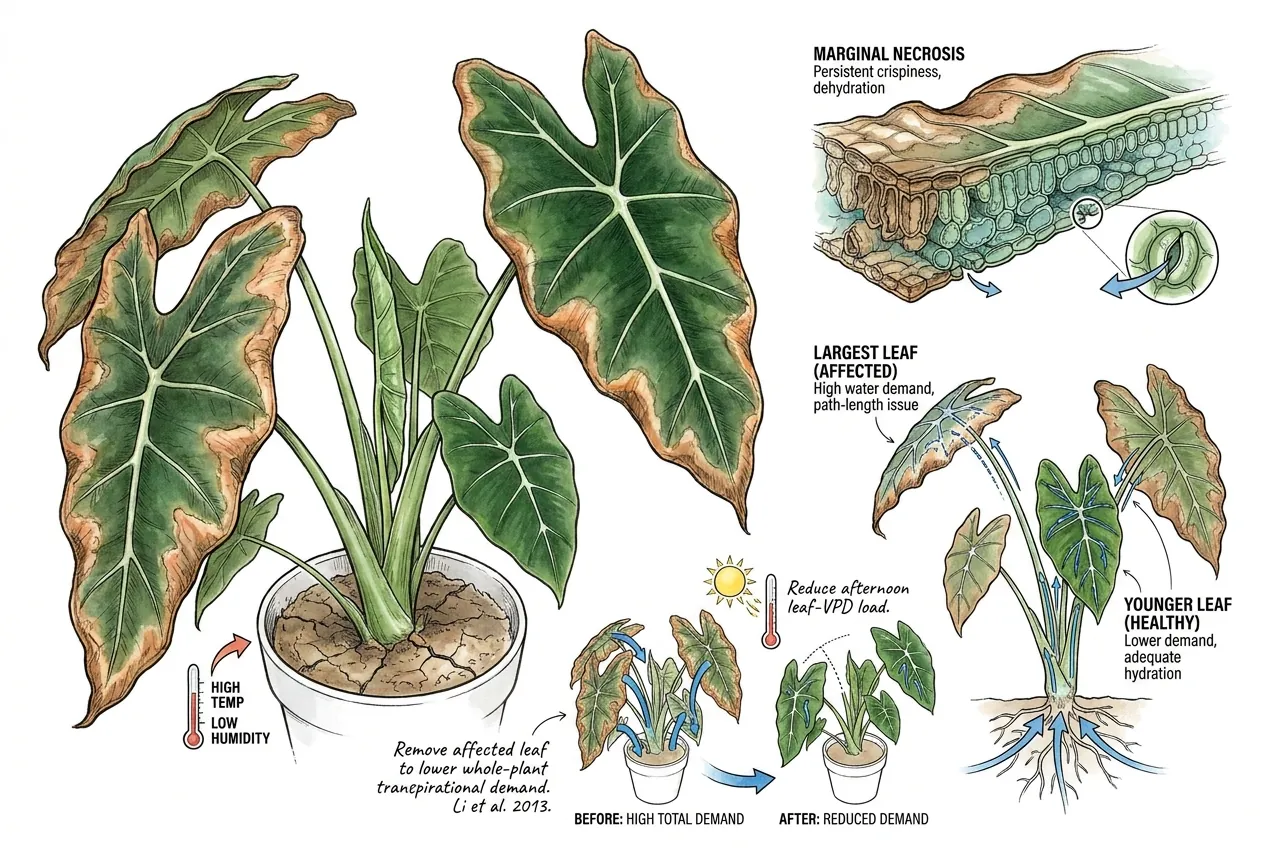 Largest oldest Frydek leaf with crispy edges while younger leaves stay clean