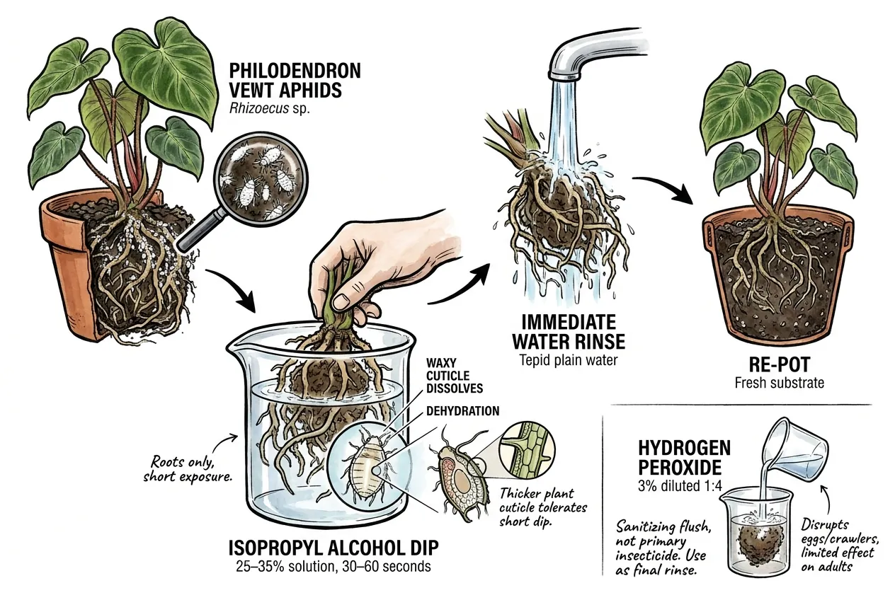 Bare roots briefly submerged in dilute isopropyl alcohol solution.
