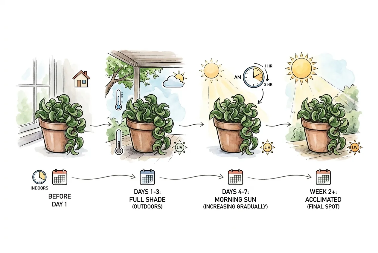 Day-by-day hardening schedule from full shade to morning sun
