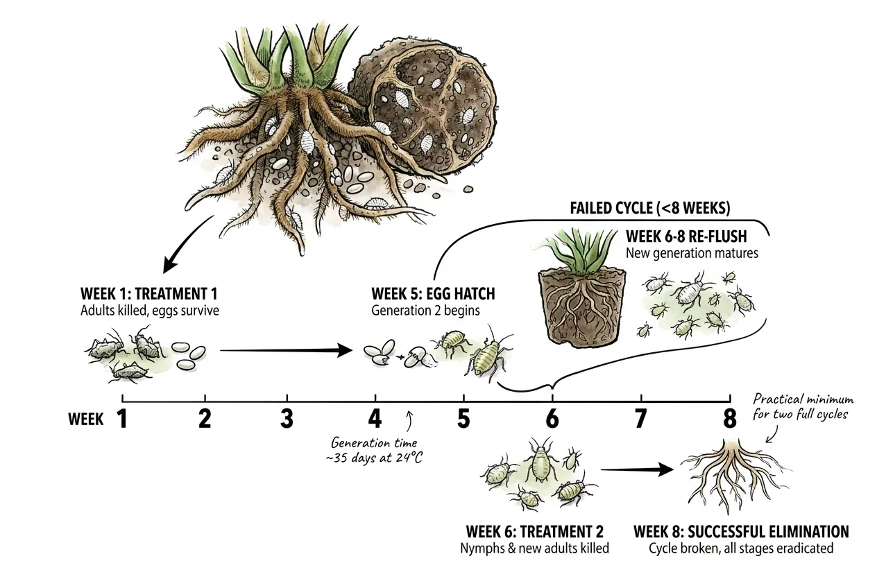 Rhizoecus life cycle overlay showing two generations across the 8-week treatment window.