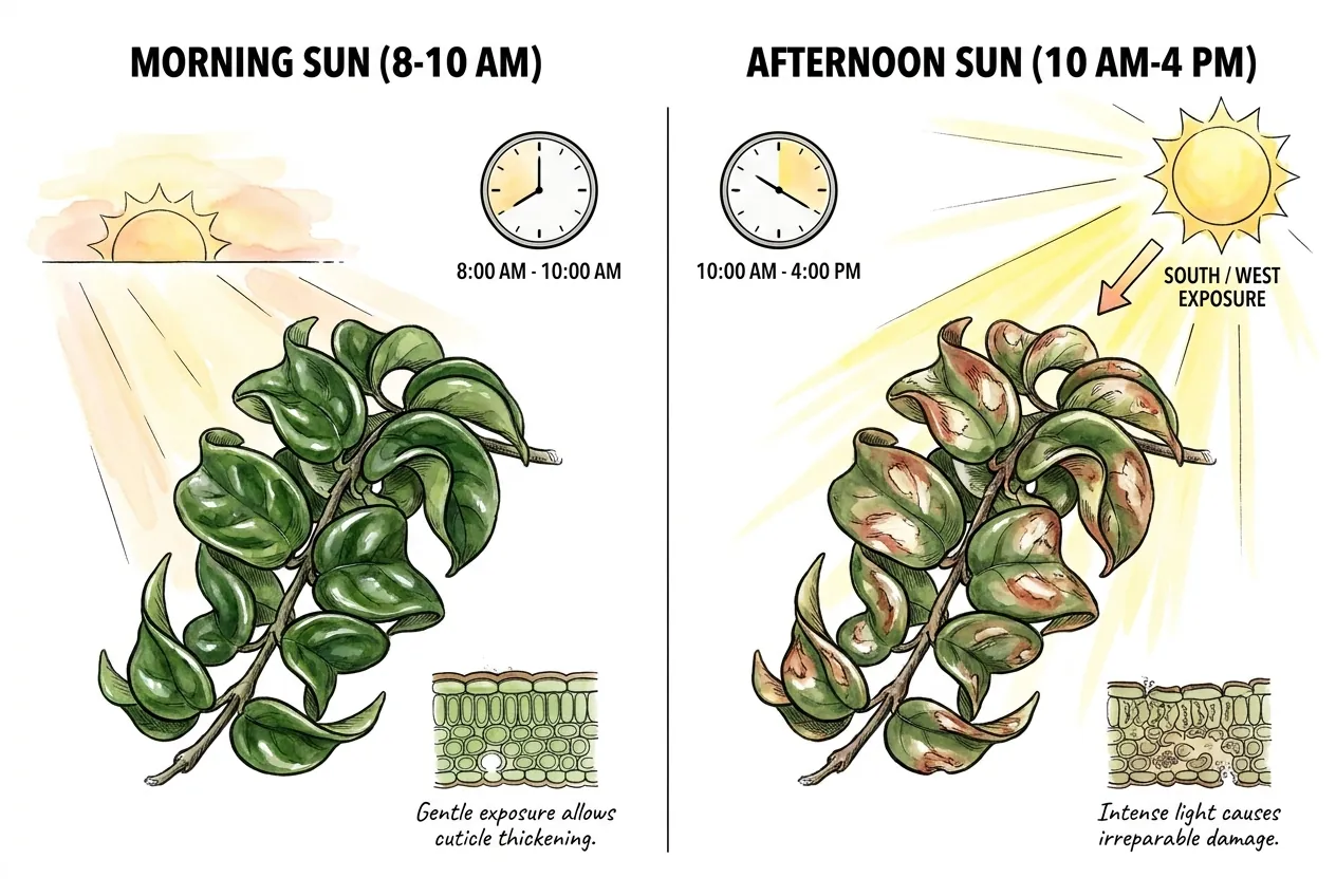 Gentle morning sun versus intense midday peak sun on a plant