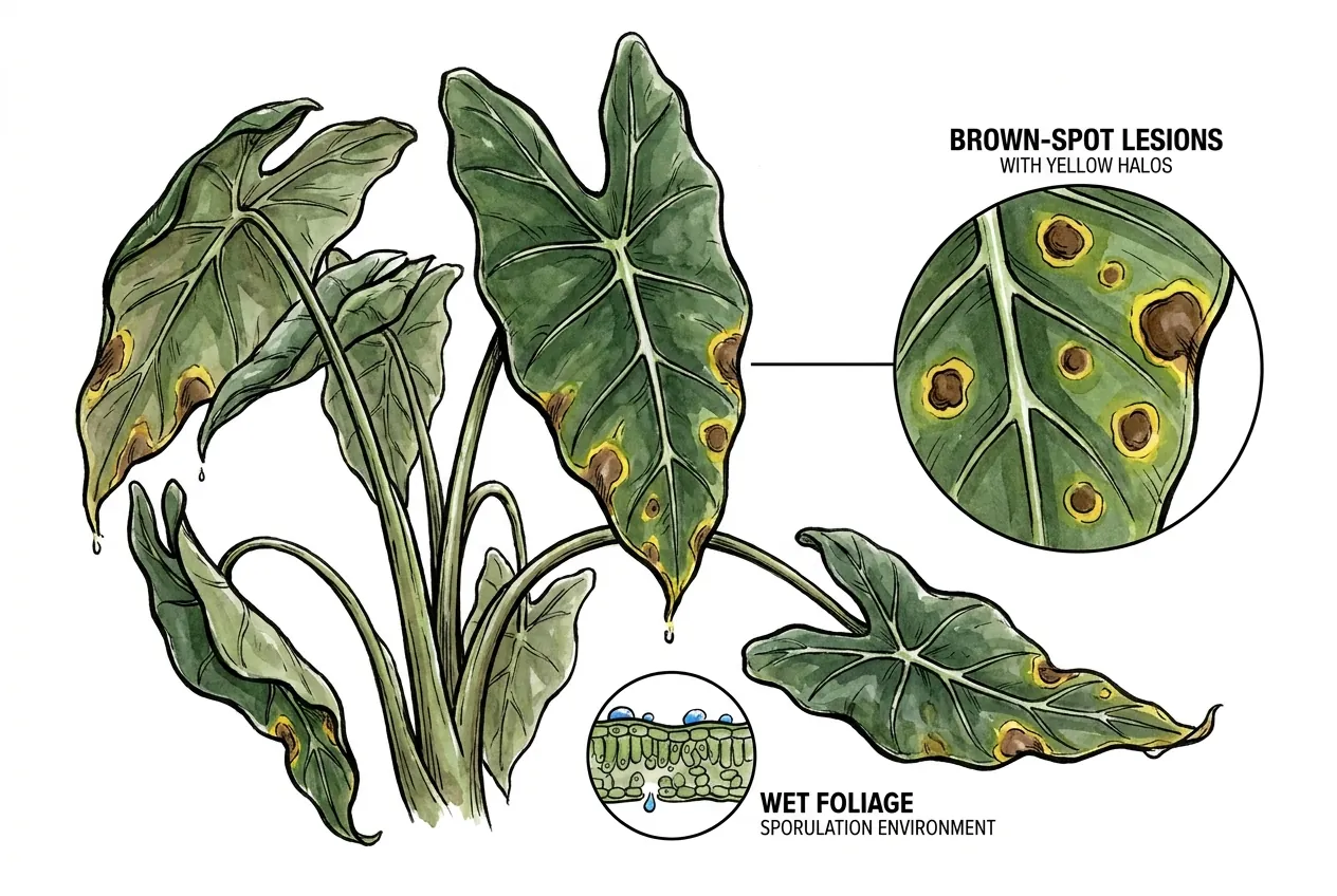 Brown necrotic spots with yellow halos at leaf margins after heat-wave misting